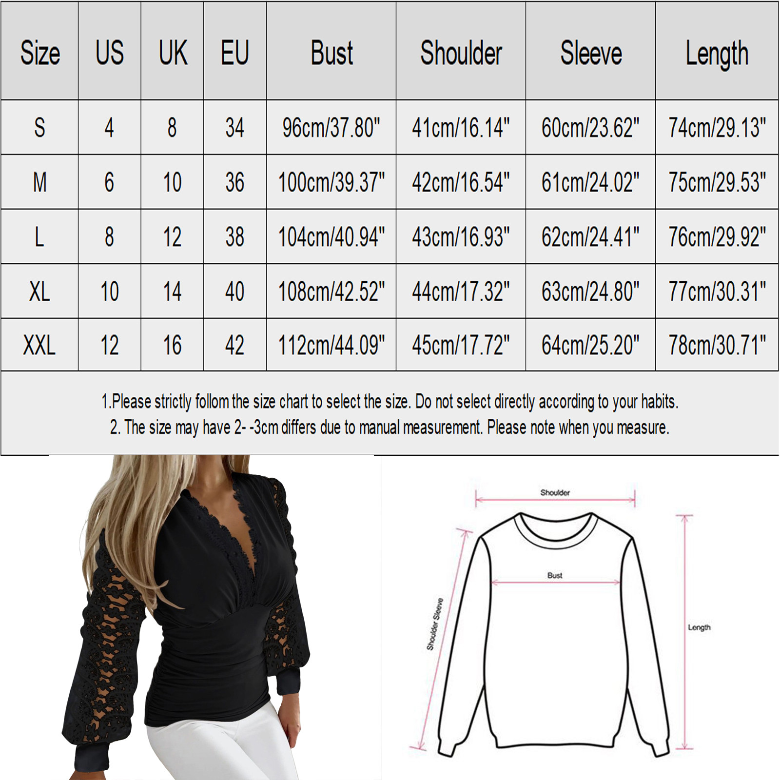 thumbnail image 3 of Blusa de malla de encaje transparente para mujer - Ribete de pedrería, cuello en V, manga larga - Top elegante y ajustado para ocasiones informales/fiestas - Tallas US/UK/EU S-XXL, 3 of 5